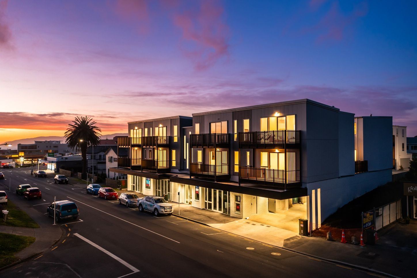 Alexander Kramer Apartments at twilight, Paraparaumu Beach